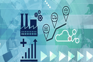 Colagem de ícones de fábrica, plano estratégico, rede em nuvem e aumento de lucro.