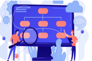 Clipart de dois homens analisando um fluxograma em um computador com um homem segurando uma lupa e o outro um caderno.