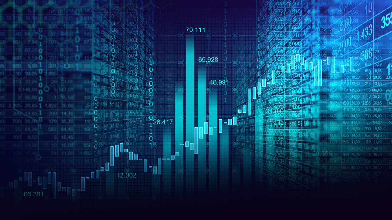 Binary code overlayed with data in matrices with two different bar graphs in the forefront.