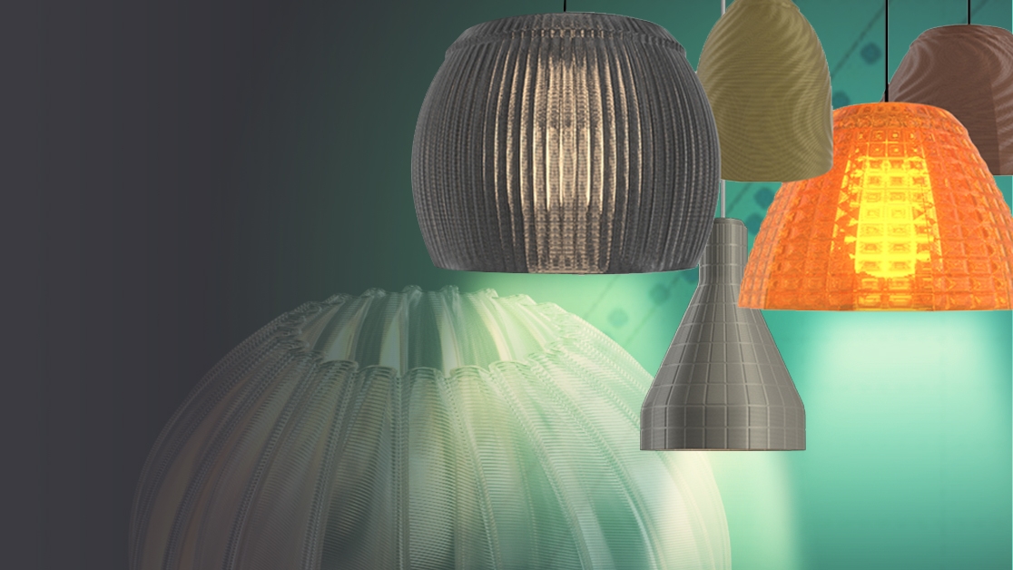 Six lamp shades with different colors, shapes, and sizes.