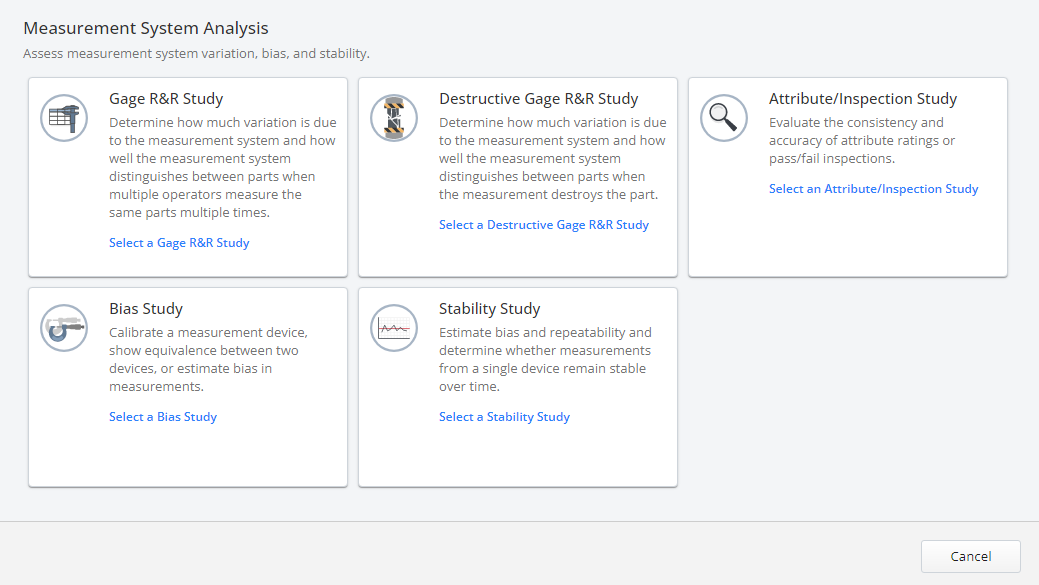 Module d'analyse des systèmes de mesure de Minitab avec des outils pour évaluer la variation, le biais et la stabilité.